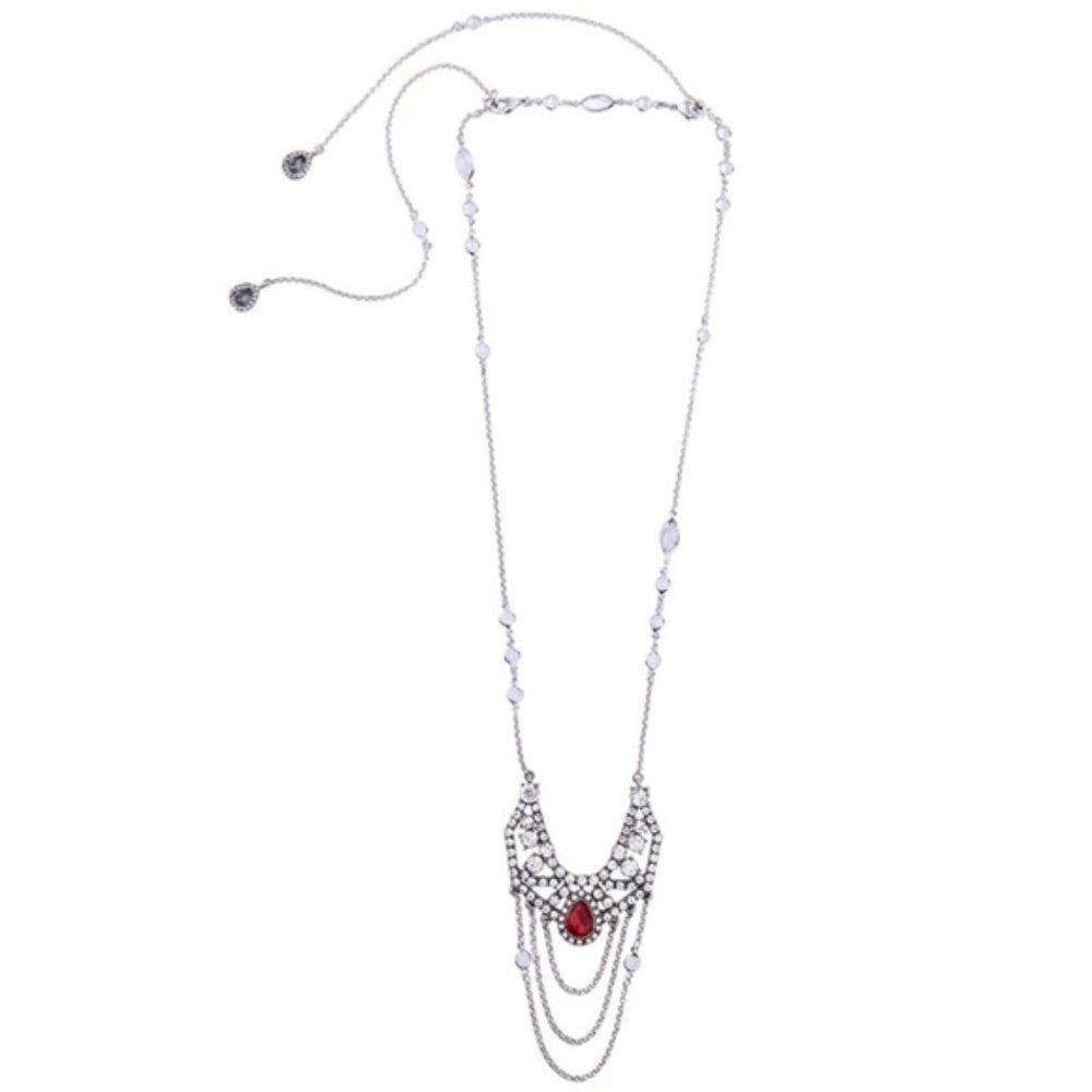 Ruby Red Crystal Long Convertible Vintage Silver Statement Necklace